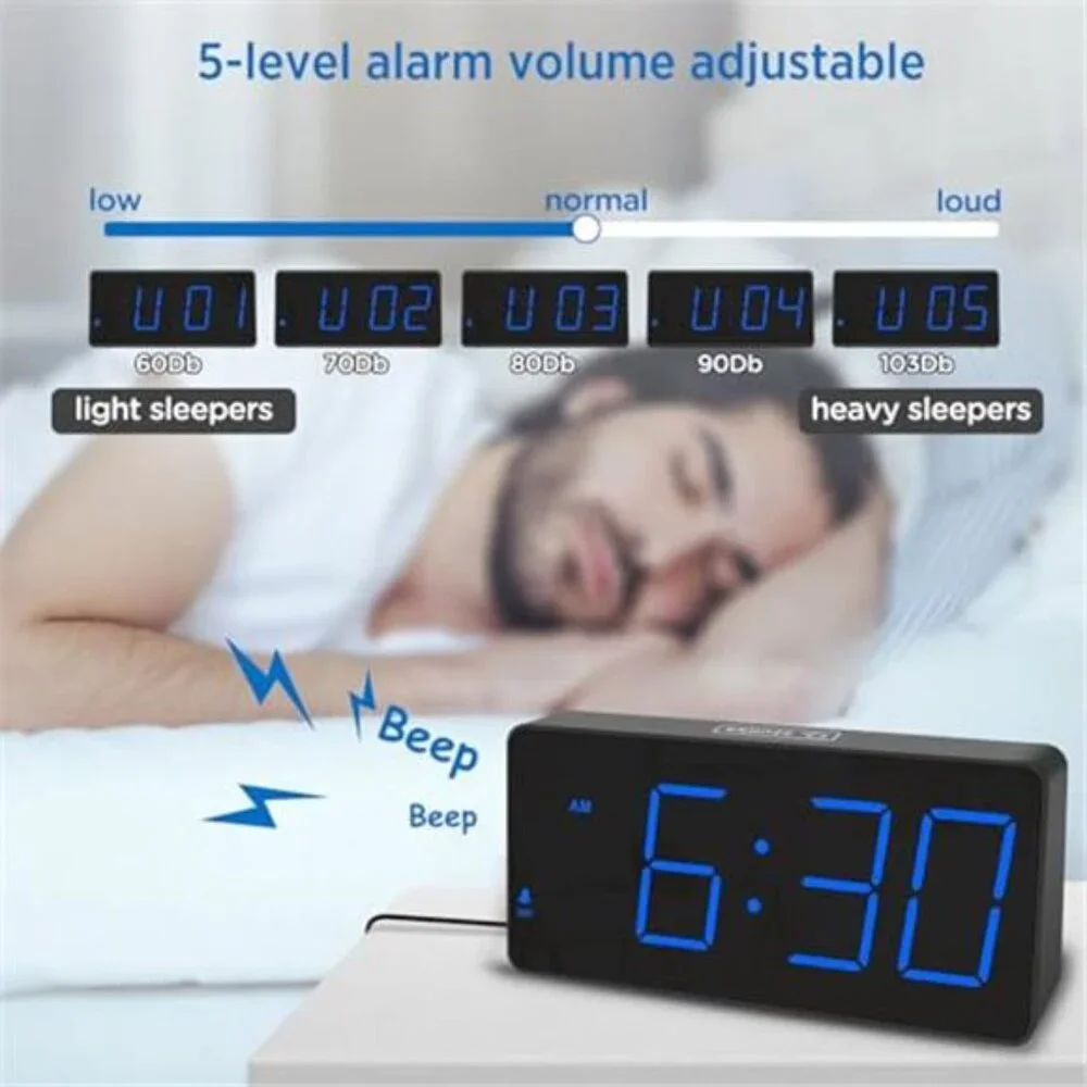 Digital Alarm Clock Large LED Numbers Loud Alarm USB Charger Bedside Clock Blue